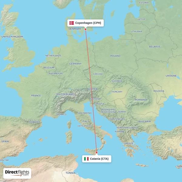 Copenhagen - Catania direct flight map