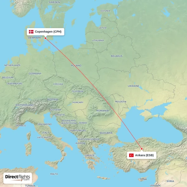 Copenhagen - Ankara direct flight map
