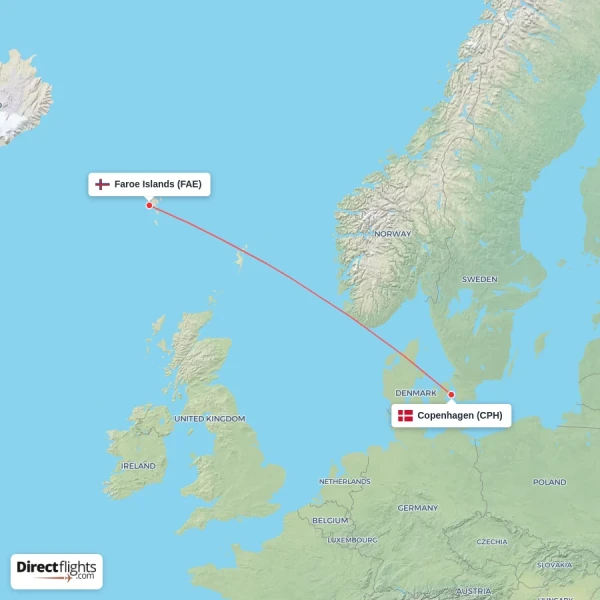 Copenhagen - Faroe Islands direct flight map