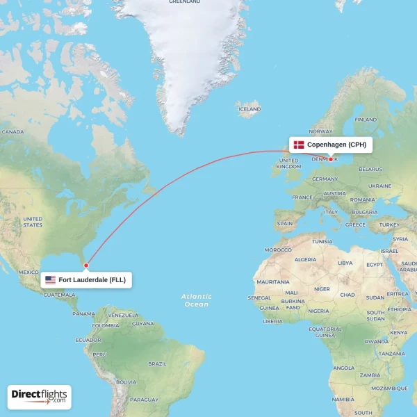 Copenhagen - Fort Lauderdale direct flight map