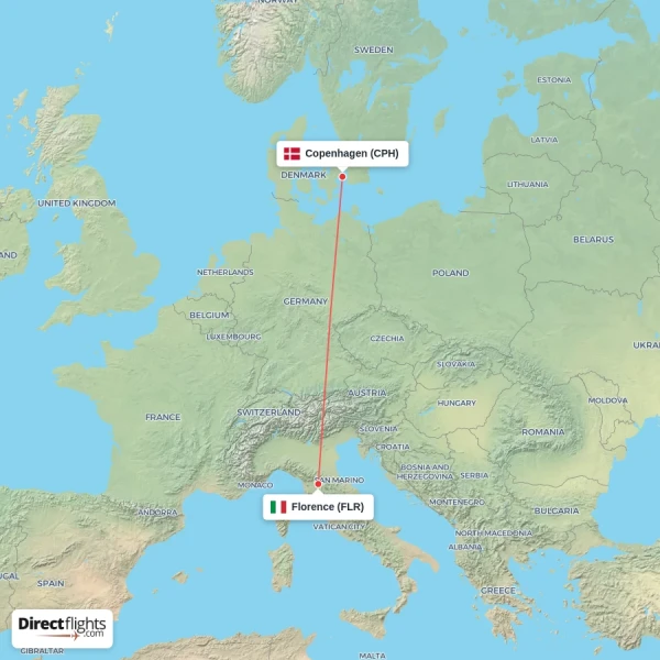Copenhagen - Florence direct flight map