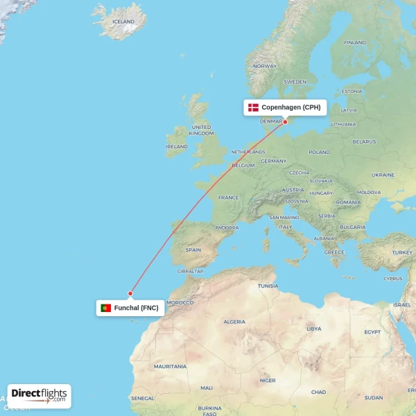 Copenhagen - Funchal direct flight map