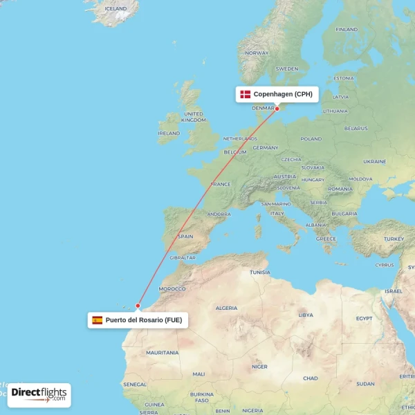 Copenhagen - Puerto del Rosario direct flight map