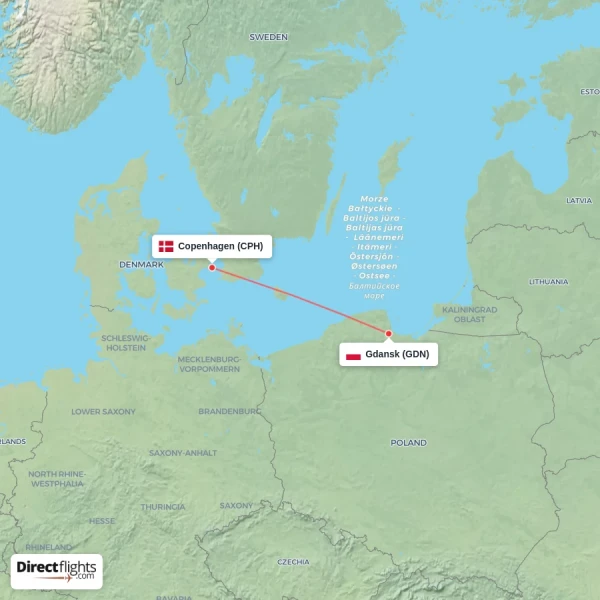 Copenhagen - Gdansk direct flight map