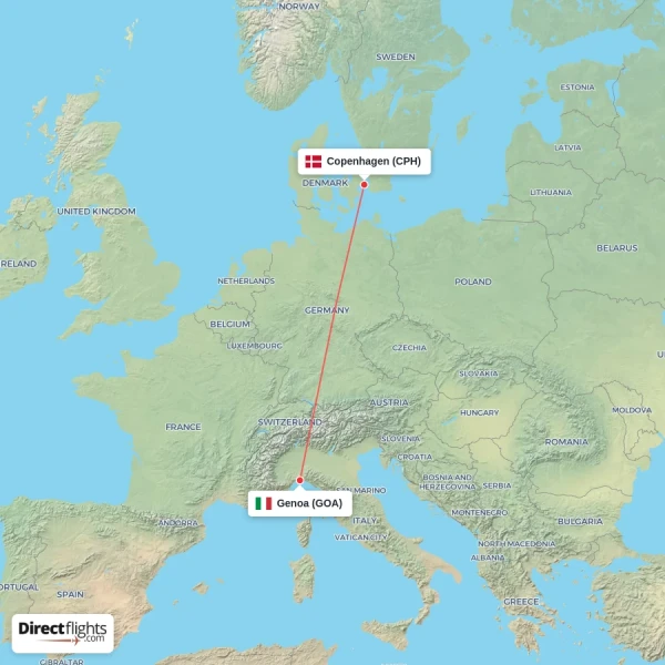 Copenhagen - Genoa direct flight map