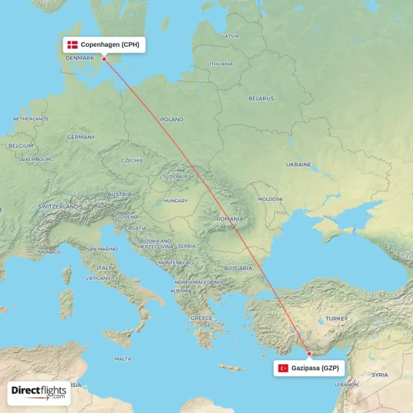 Copenhagen - Gazipasa direct flight map