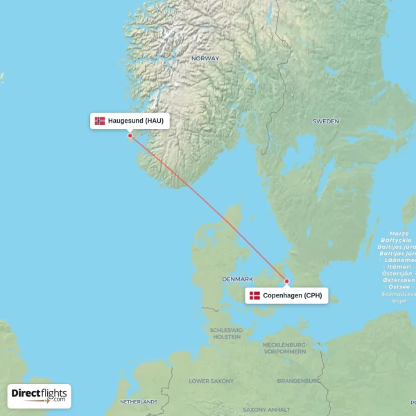 Copenhagen - Haugesund direct flight map