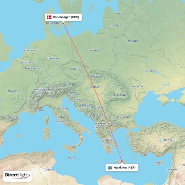 Copenhagen - Heraklion direct flight map