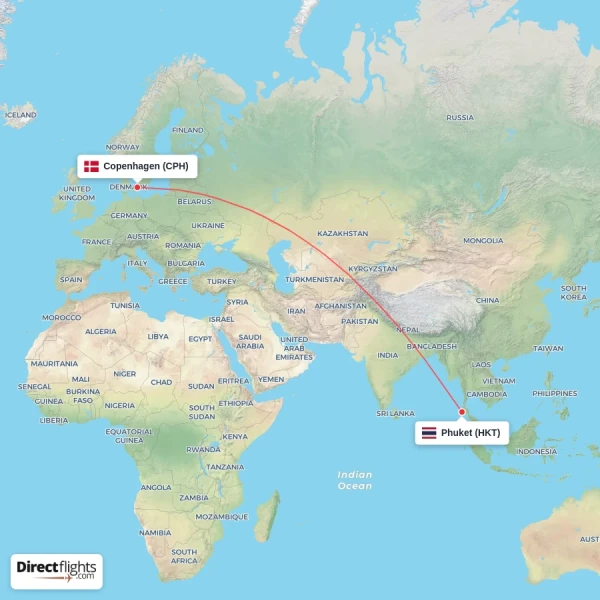 Copenhagen - Phuket direct flight map