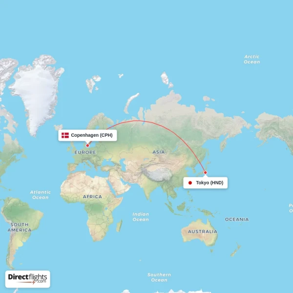 Copenhagen - Tokyo direct flight map
