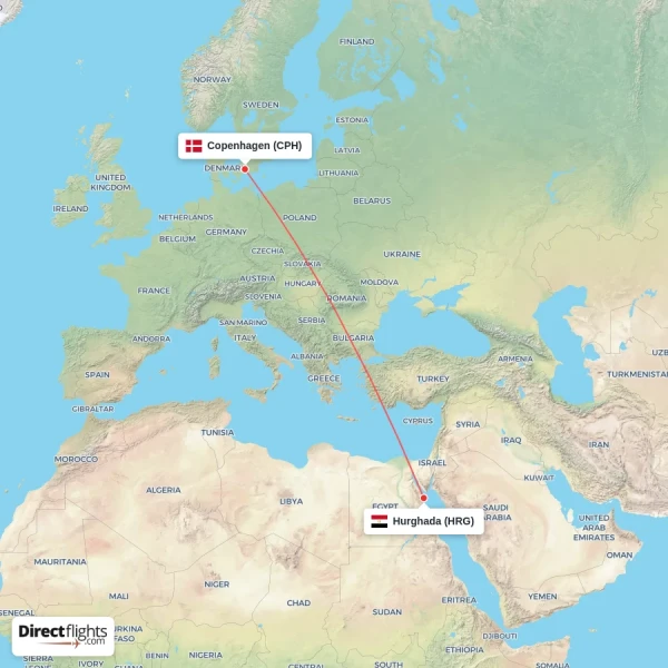 Copenhagen - Hurghada direct flight map
