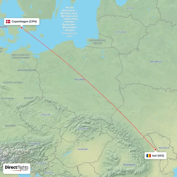 Copenhagen - Iasi direct flight map