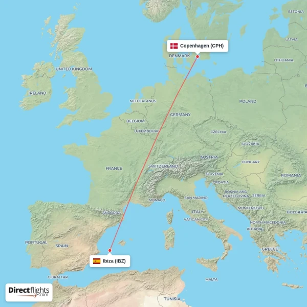 Copenhagen - Ibiza direct flight map