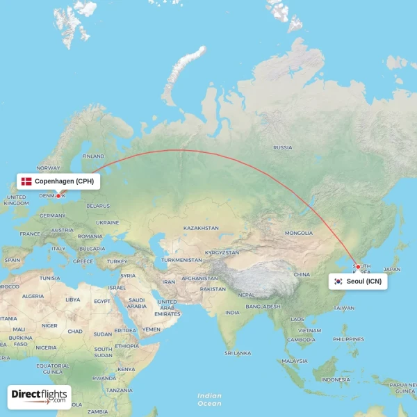 Copenhagen - Seoul direct flight map