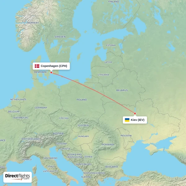 Copenhagen - Kiev direct flight map