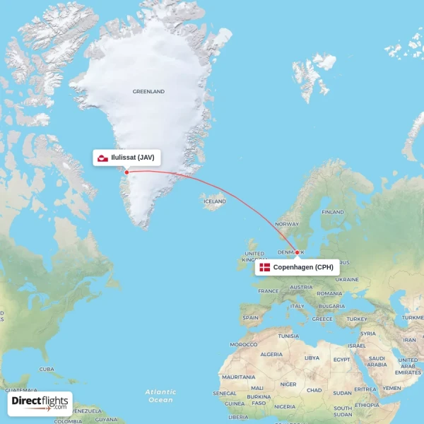 Copenhagen - Ilulissat direct flight map