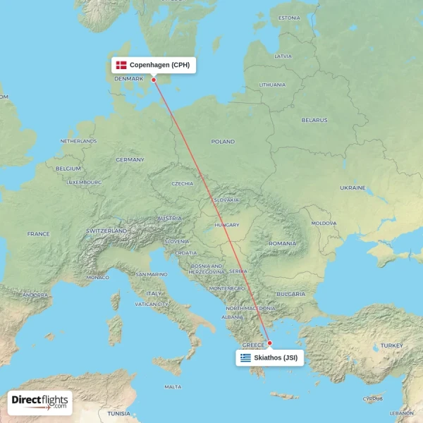 Copenhagen - Skiathos direct flight map