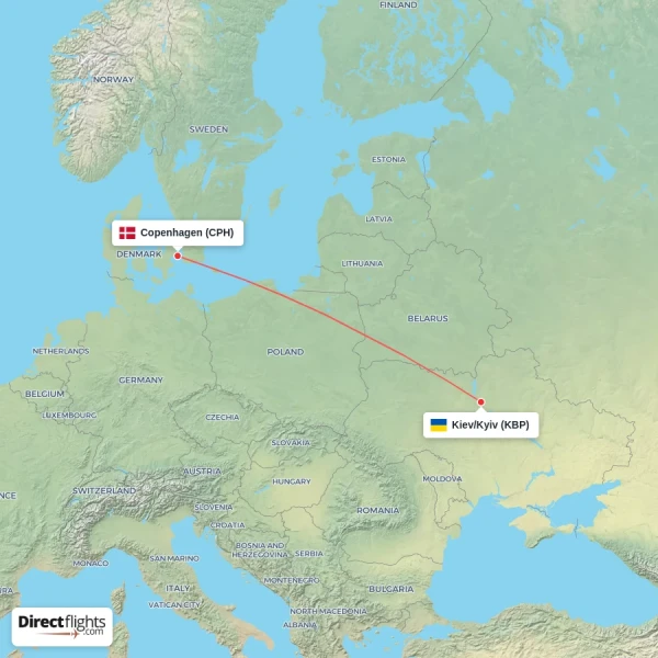 Copenhagen - Kiev/Kyiv direct flight map