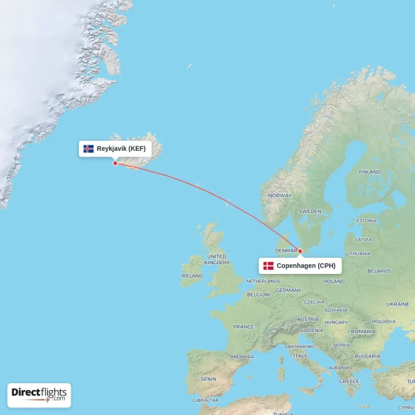 Copenhagen - Reykjavik direct flight map