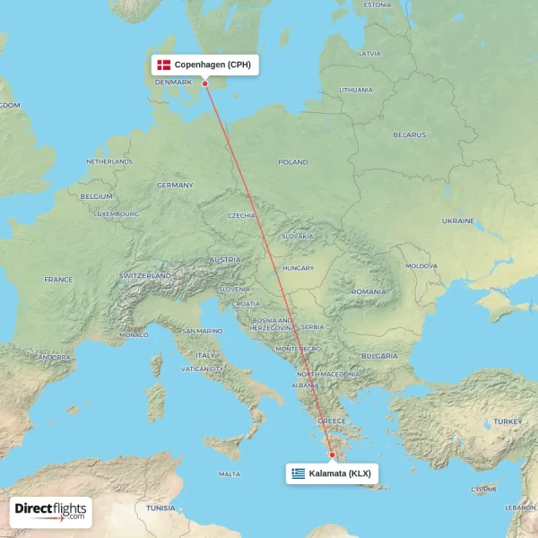 Copenhagen - Kalamata direct flight map