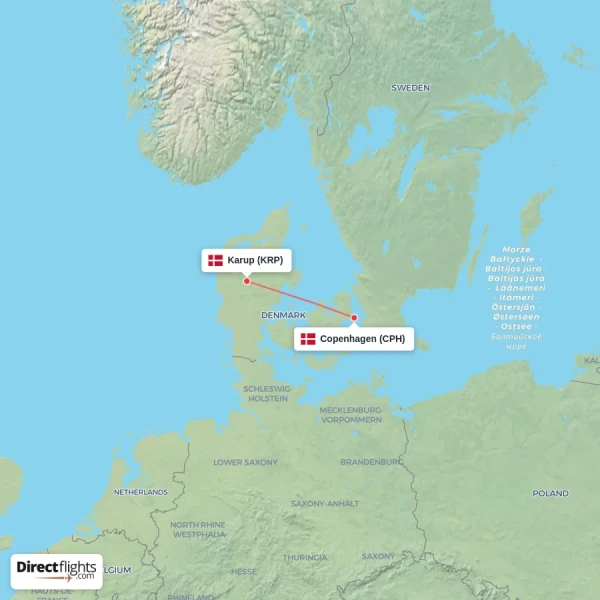 Copenhagen - Karup direct flight map