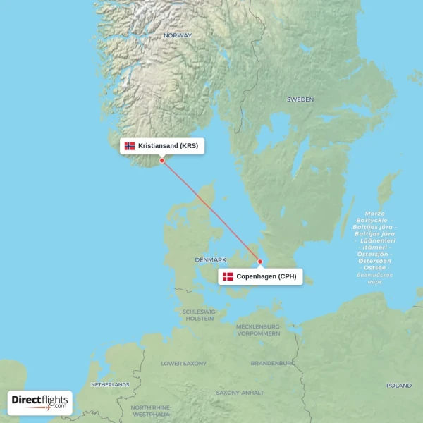 Copenhagen - Kristiansand direct flight map