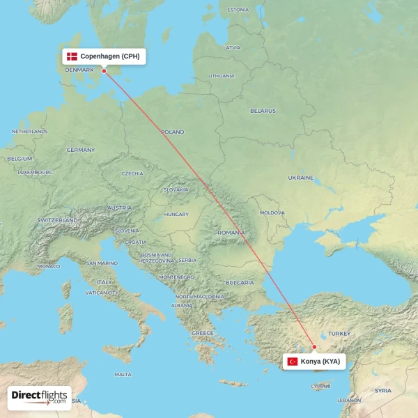Copenhagen - Konya direct flight map