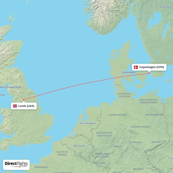 Copenhagen - Leeds direct flight map