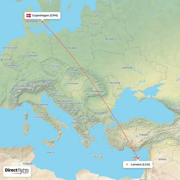 Copenhagen - Larnaca direct flight map