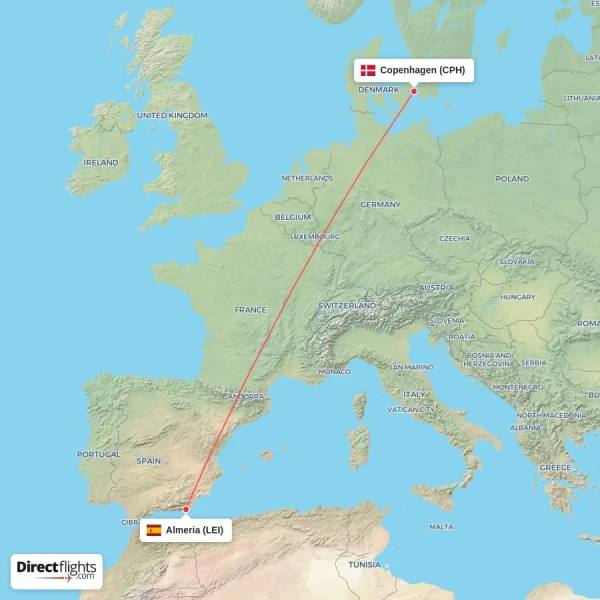 Copenhagen - Almeria direct flight map