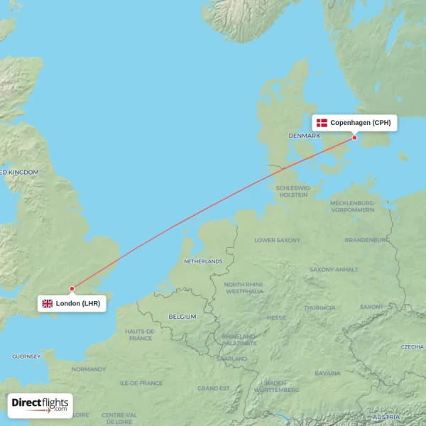 Copenhagen - London direct flight map