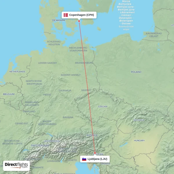Copenhagen - Ljubljana direct flight map