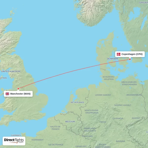 Copenhagen - Manchester direct flight map