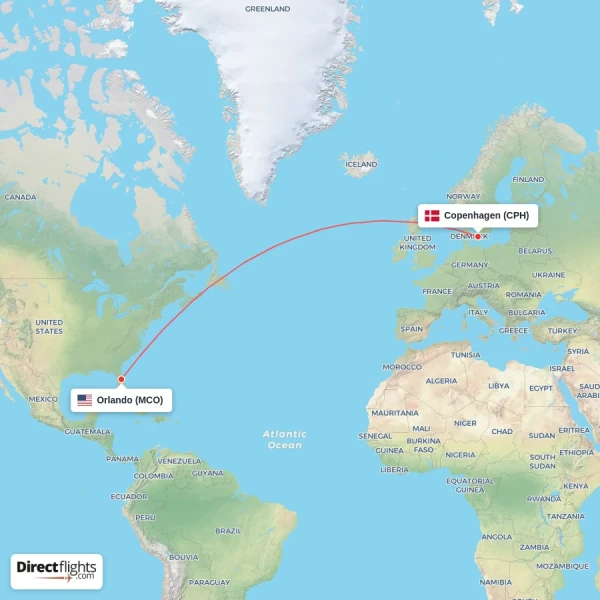 Copenhagen - Orlando direct flight map