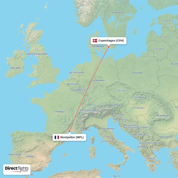 Copenhagen - Montpellier direct flight map