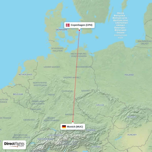 Copenhagen - Munich direct flight map