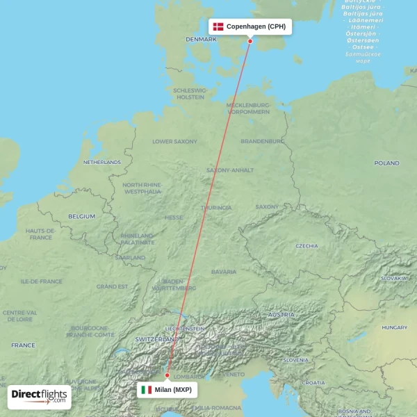 Copenhagen - Milan direct flight map