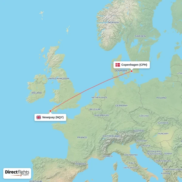 Copenhagen - Newquay direct flight map