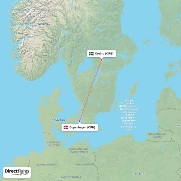 Copenhagen - Orebro direct flight map