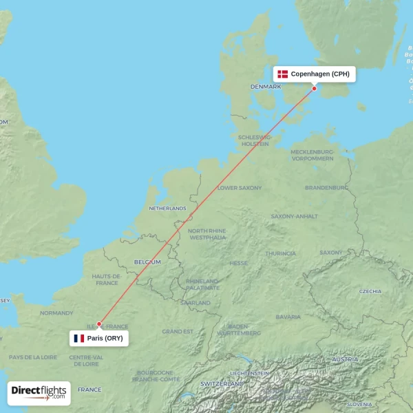 Copenhagen - Paris direct flight map