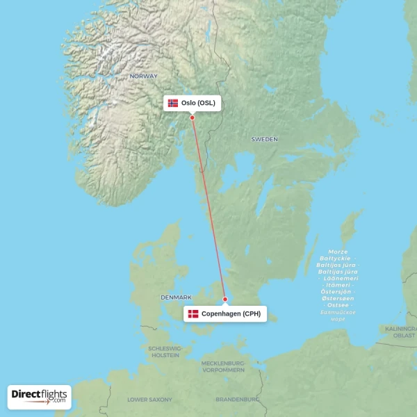 Copenhagen - Oslo direct flight map