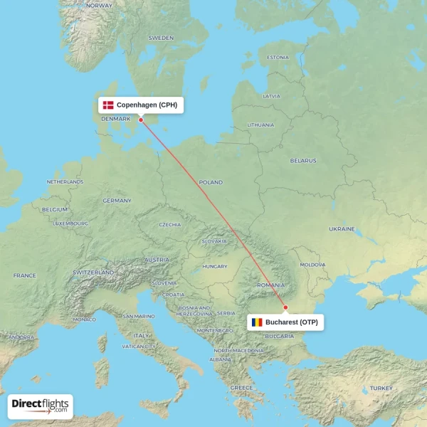 Copenhagen - Bucharest direct flight map