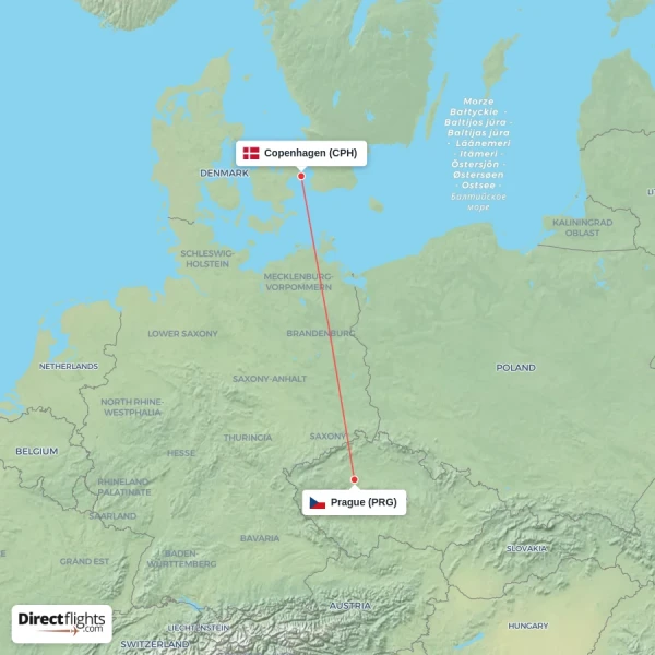 Copenhagen - Prague direct flight map