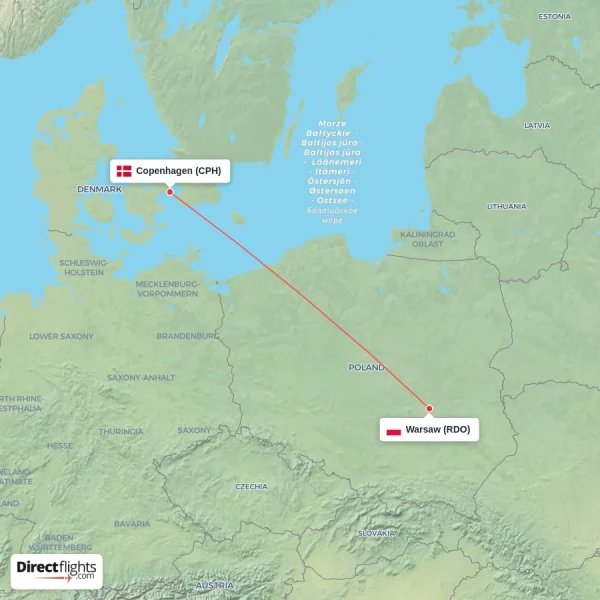 Copenhagen - Warsaw direct flight map