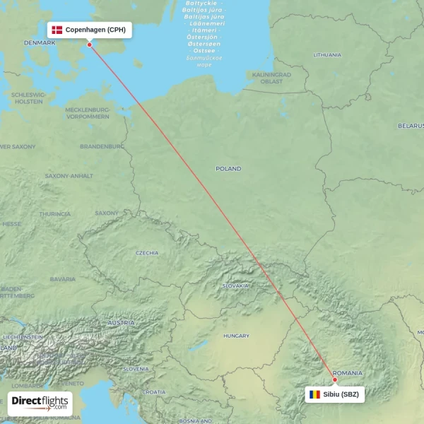 Copenhagen - Sibiu direct flight map