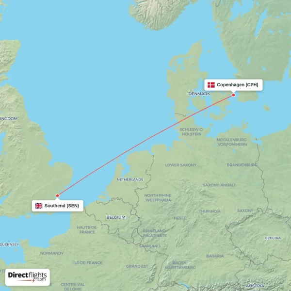 Copenhagen - Southend direct flight map