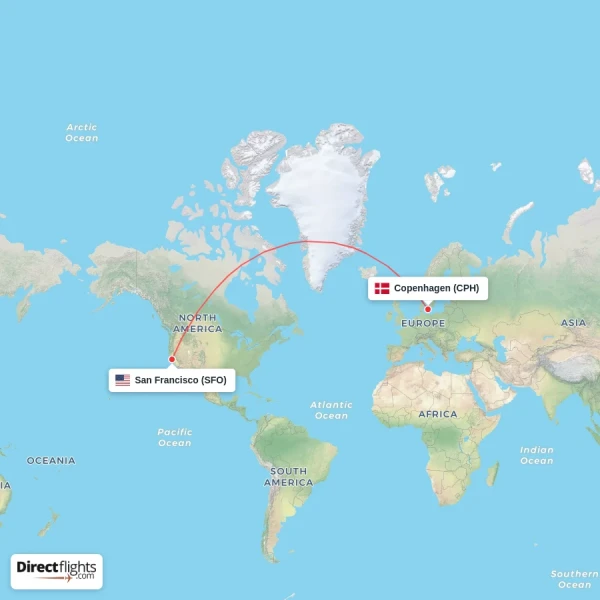 Copenhagen - San Francisco direct flight map