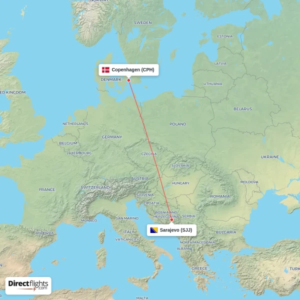Copenhagen - Sarajevo direct flight map