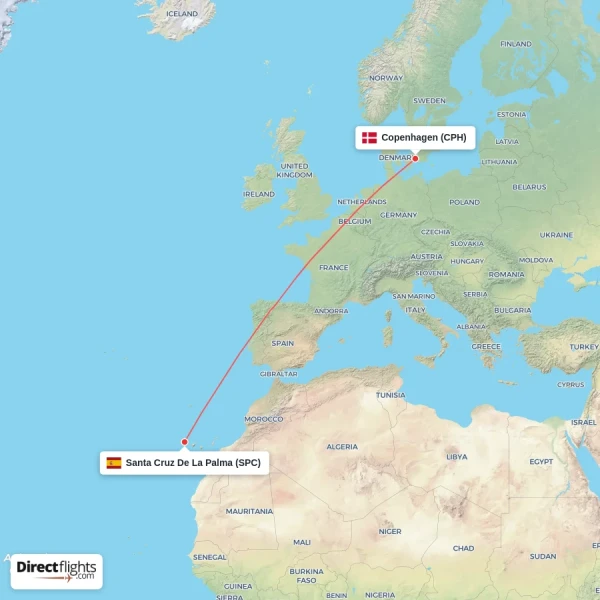 Copenhagen - Santa Cruz De La Palma direct flight map