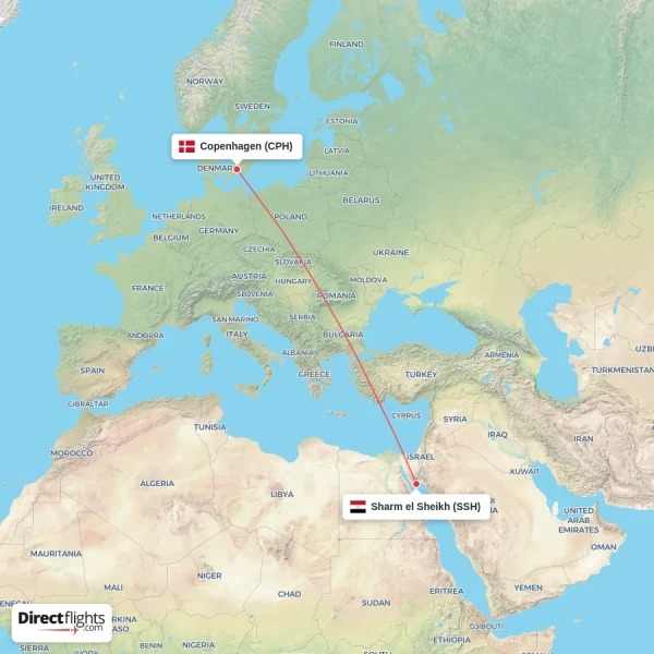 Copenhagen - Sharm el Sheikh direct flight map